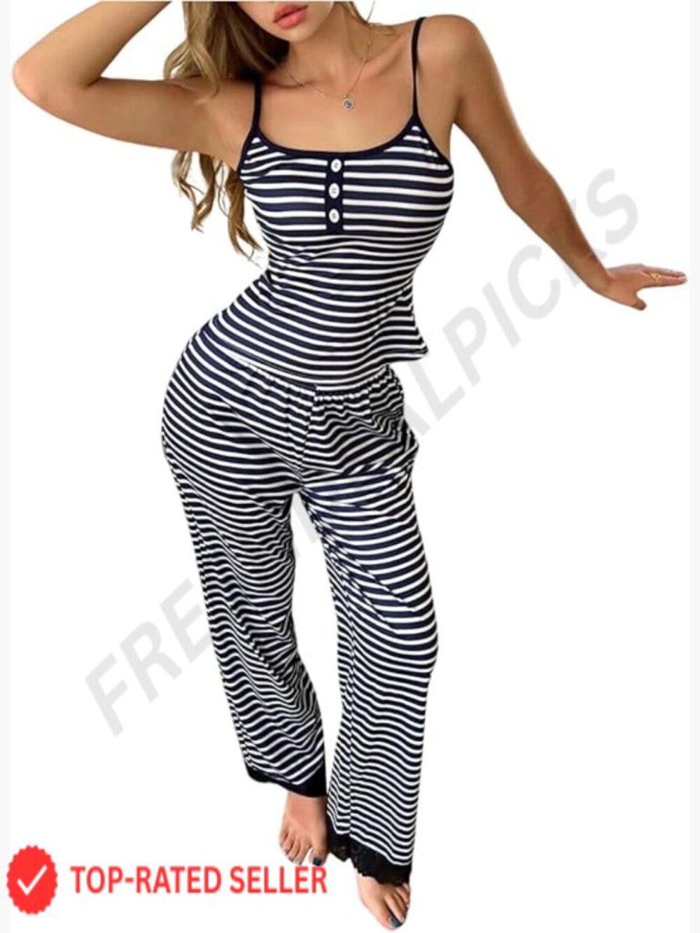 Striped Pajama Set 2 Piece Button Front Cami Top and Lace Trim Pants Loungewear